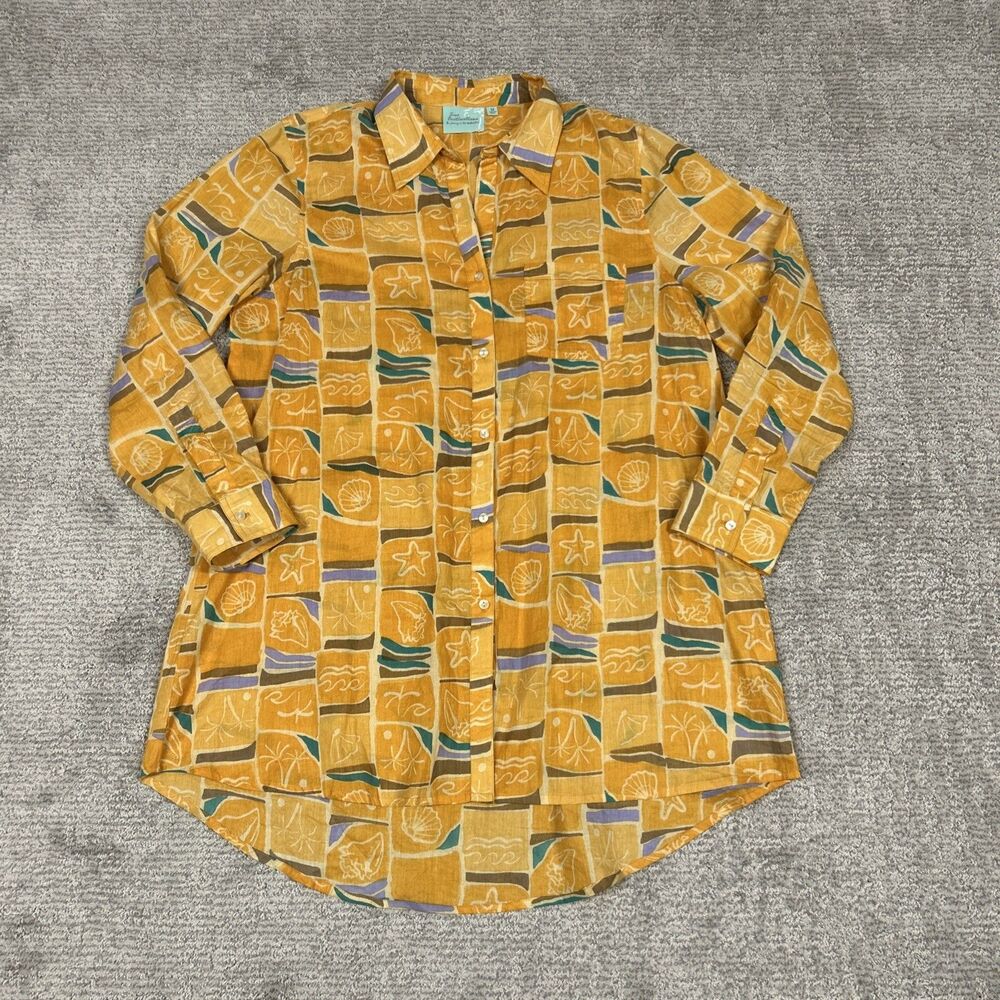 True Destinations Tunic Top Shirt Womens Medium Button Up Seashells Waves Resort